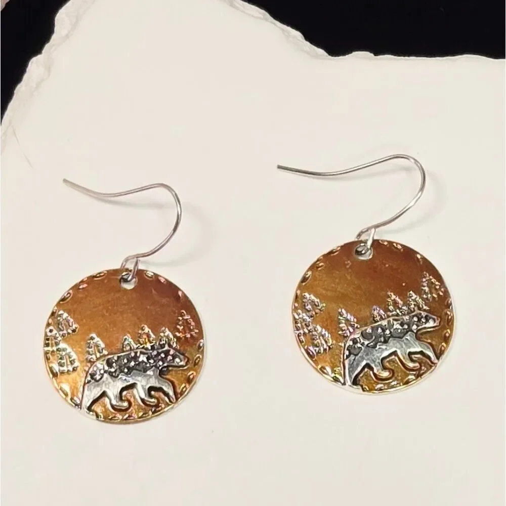 Forest Bear Earrings – Copper Disc Rustic Cabin Nature Dangles Artisan Statement